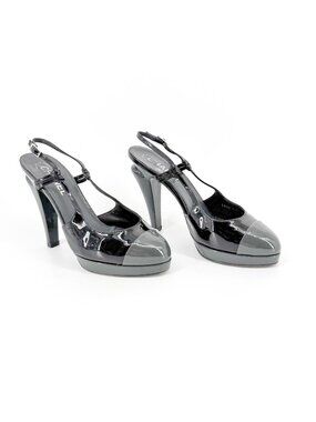 Chanel Cap Toe Slingback Pump Size 38.5 US 7.5-8 Black Patent Platform High Heel